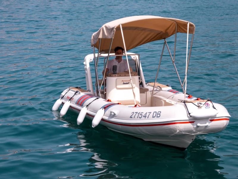 Barracuda 530 RIB self-drive speedboat rental in Dubrovnik — rigid inflatable with bimini at Marina Frapa