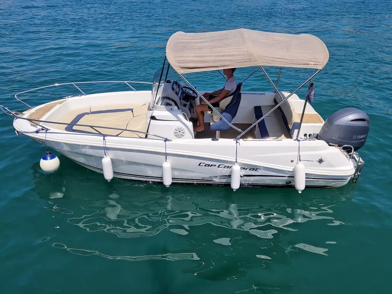Jeanneau Cap Camarat 6.5 CC family speedboat rental in Dubrovnik — centre-console boat with bow seating at Marina Frapa
