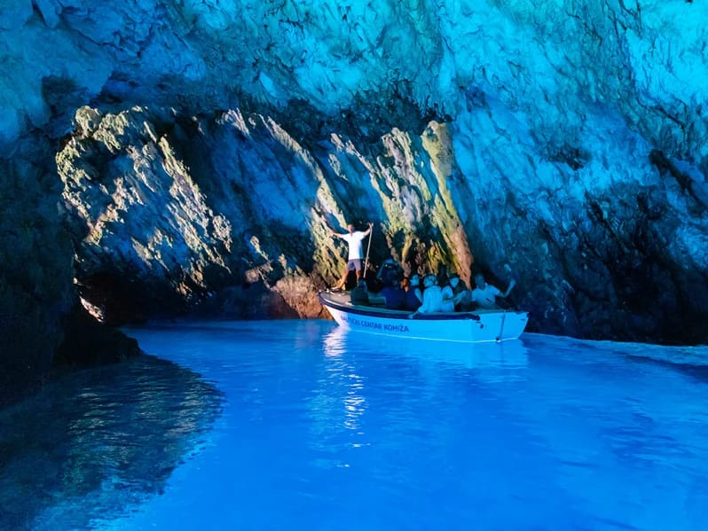 Private Blue Cave boat tour from Dubrovnik — speedboat at the Koločep Blue Cave entrance